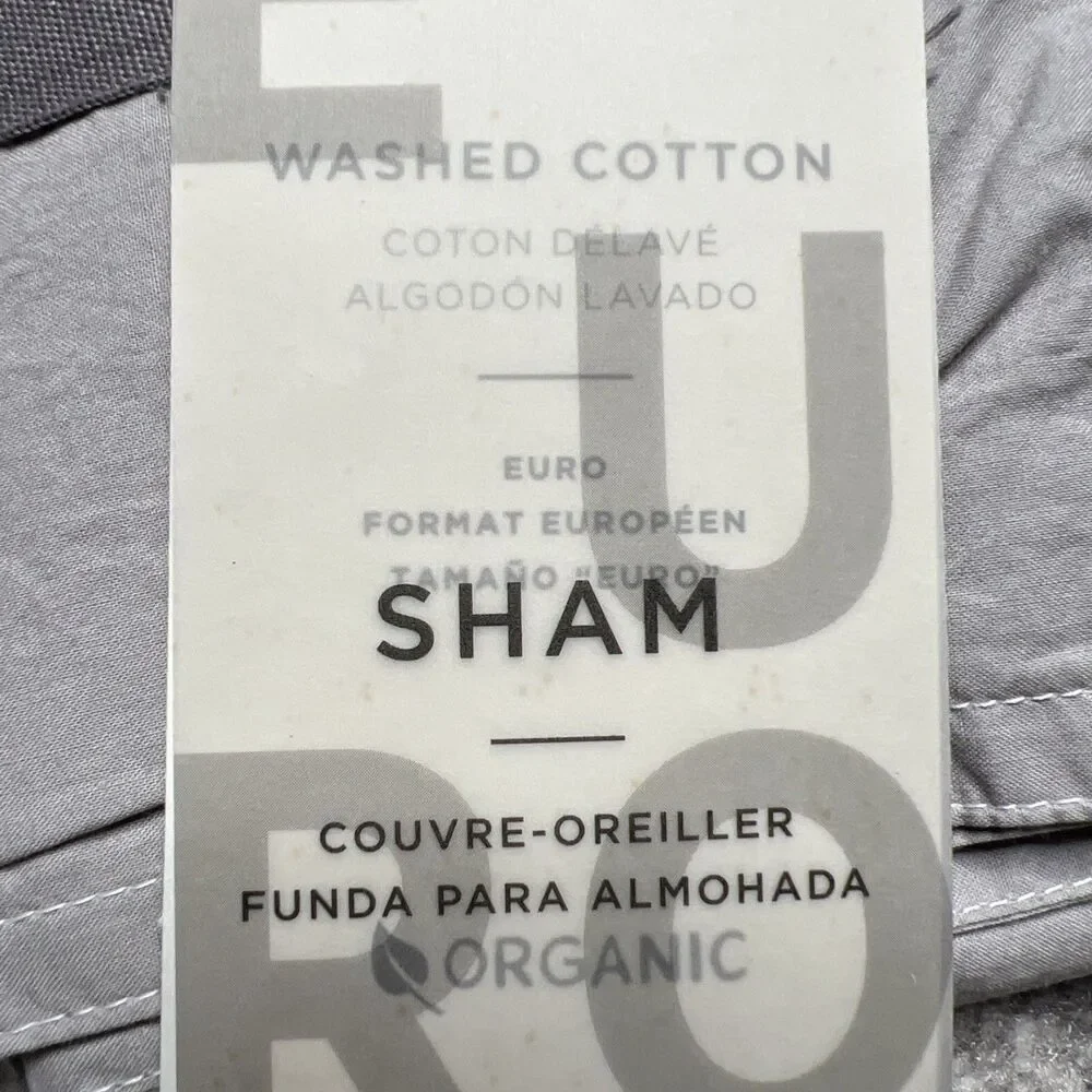 West Elm NWT ORGANIC Washed Cotton EURO Pillow Sham Gray / White Stitch